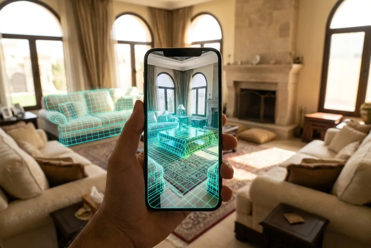 A phone scanning a room with a LiDAR mesh overlay